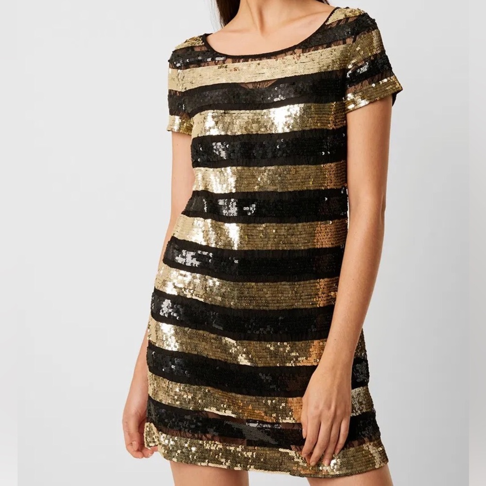 French Connection Short Sleeve Dress - Black and Gold Sequin - Size 0
